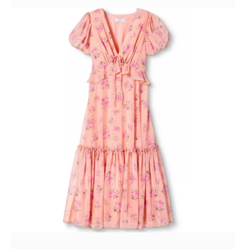 LoveShackFancy Pink Floral Ruffle Midi Dress Size 8 - Picture 2 of 12